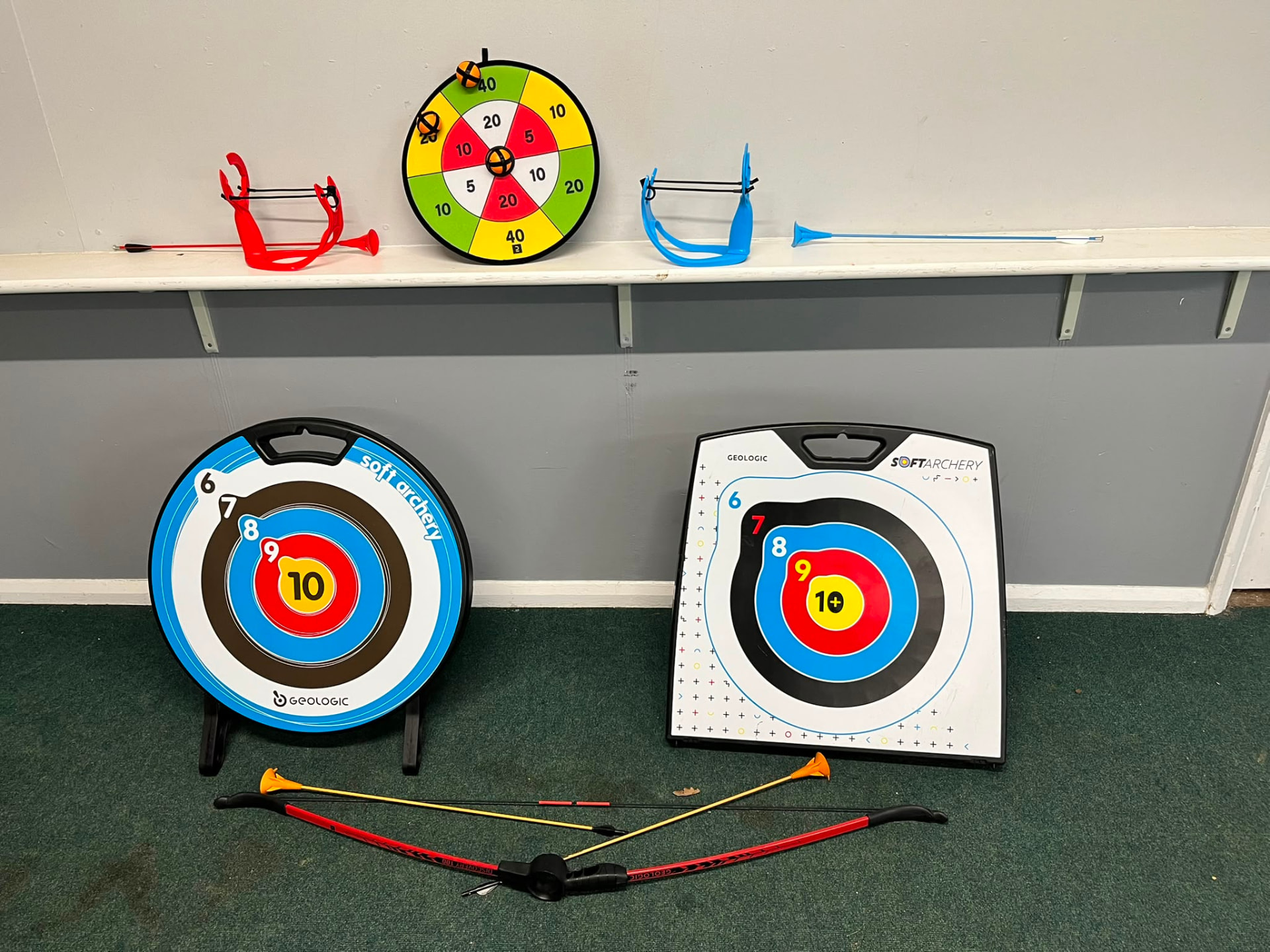 Soft archery targets and bows set up for a session